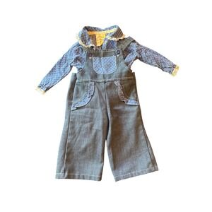 Vintage 80s Baby Girls Denim Overalls & Floral Blouse Set